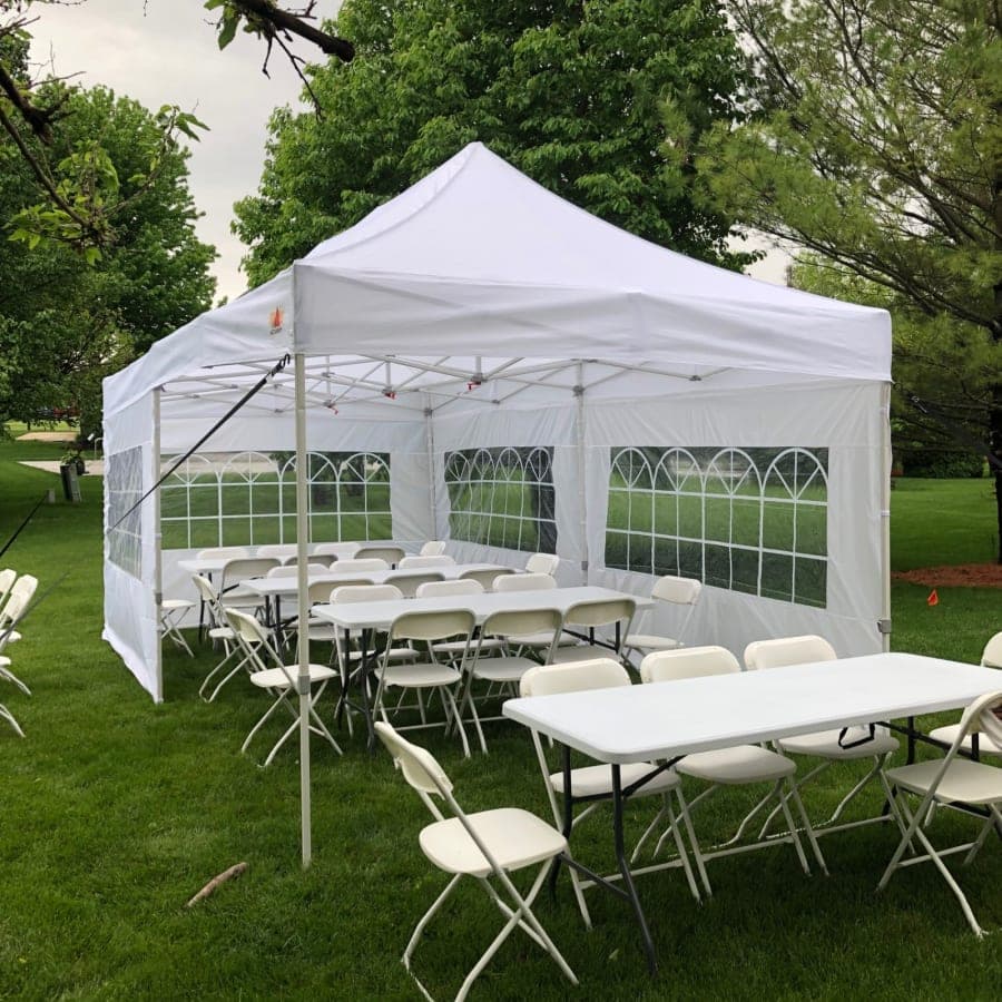 White wedding tent and canopy rental setup for outdoor event in Central Valley California